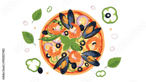 Delicious seafood pizza topped with whole mussels, fresh shrimp, olives, onions, and garnished with basil leaves.