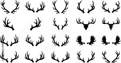 Elk Antlers Silhouette Vector Icon Set – Deer Horns Black Clipart Collection, Rustic Hunting Icons, Isolated