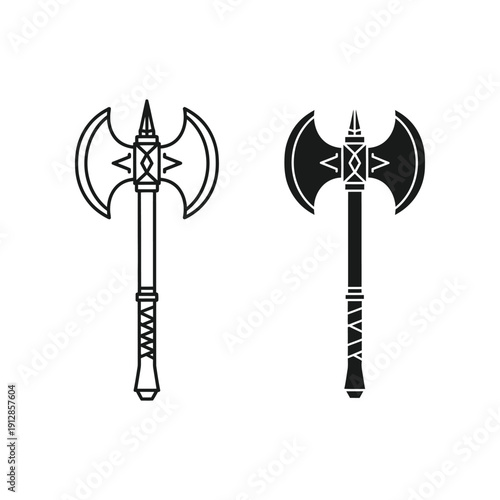 Two distinct battle axes with intricate designs and detailed engravings.