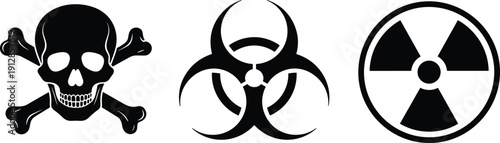 Set of hazard warning symbols featuring a skull and crossbones for poison, biohazard sign for biological threats, and radioactive radiation symbol.