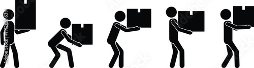 Set of stick figure icons demonstrating safe lifting techniques, manual handling of heavy cardboard boxes, logistics, warehouse work, and physical labor.