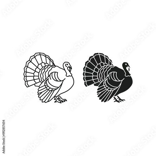 Two stylized turkeys standing side by side in a minimalist black and white illustration.