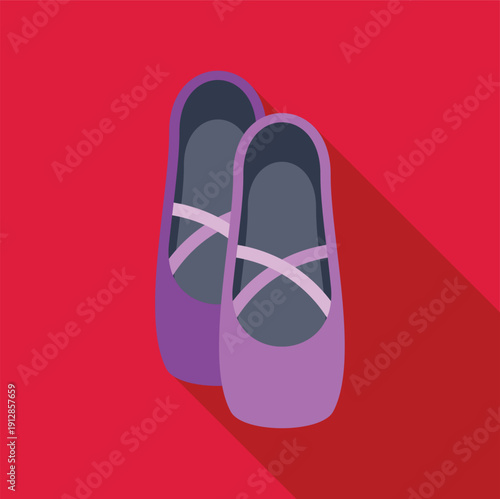 Pair of purple ballet slippers on a red background with long shadow, ideal for dance concepts