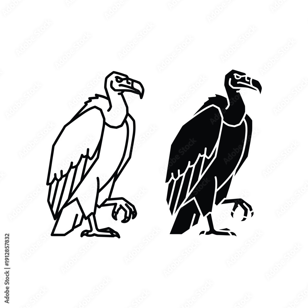 Naklejka premium Two stylized black and white vulture illustrations standing on rocky terrain