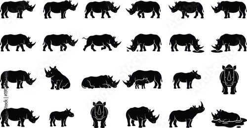 Rhino Silhouette Vector Icon Set – Rhinoceros Poses Black Clipart Collection