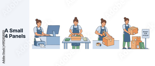 Flat Vector Illustration Set of a Small Business Owner Processing Online Orders, Packing Clothes into Boxes, Taping Packages, and Stacking Shipments Ready for Pickup in an E-commerce Warehouse.