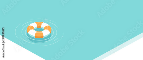 Minimalist Vector Banner Illustration of a Summer Swimming Pool with an Orange and White Lifebuoy Float on Turquoise Water with Ripples and Copy Space for Vacation and Leisure Background