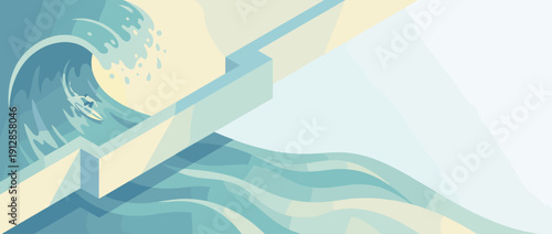 Panoramic Vector Illustration of a Surfer Riding a Large Wave Next to a Geometric Isometric Wall with Calm Sea and Ample Copy Space for Summer Sports, Travel, and Adventure Banner Background