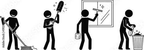 Set of stick figure icons showing domestic cleaning activities including sweeping floor, dusting with brush, washing windows, and taking out trash.