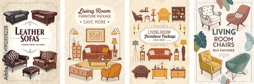 Stylish furniture packages featuring leather sofas and living room chairs.