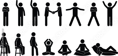 Stick figure icons set, black silhouette people, handshake, greeting, sitting on stool, meditating, yoga, sleeping, person standing with arms crossed.