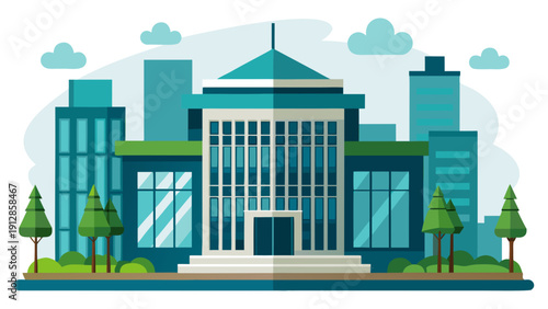 Modern government building with green surroundings and clean energy infrastructure Vector