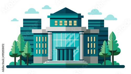 Colorful illustration of a grand classical-style school building with students and teachers Vector