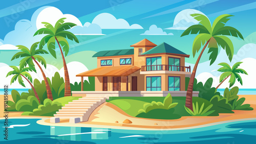 Tropical beach house with palm trees and clear blue skies Vector