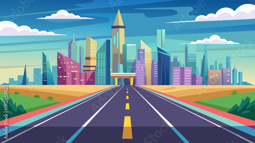 A futuristic cityscape with a winding road leading towards the skyline under a colorful sky Vector
