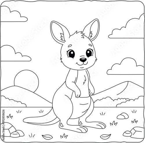 Cute baby kangaroo standing in nature with mountains and sun, black and white coloring page