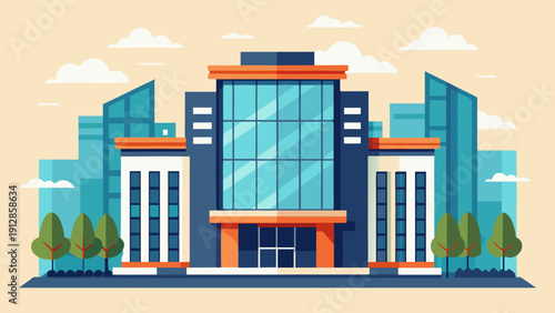 Modern glass-fronted office building with vibrant cityscape surroundings Vector