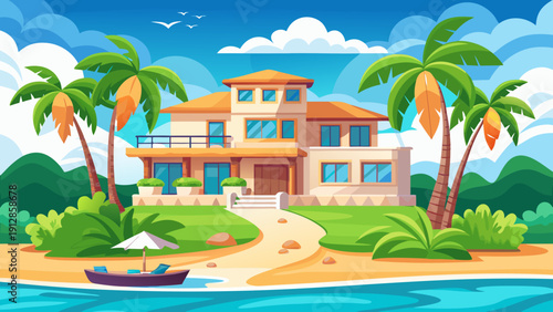 Tropical beachfront house with vibrant colors and palm trees under a clear sky Vector