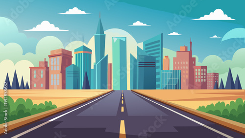Modern cityscape along a winding road under a bright blue sky with scattered clouds Vector