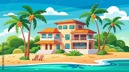 Tropical beach house surrounded by palm trees under a bright blue sky Vector