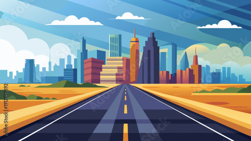 A futuristic cityscape with a winding road leading towards a vibrant skyline under a bright sky Vector