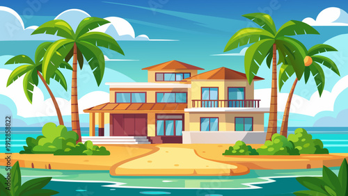 Tropical beach house with palm trees under a bright blue sky Vector