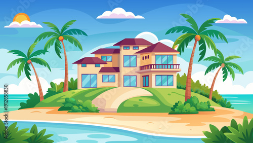 Tropical beachfront villa with palm trees under a sunny sky Vector