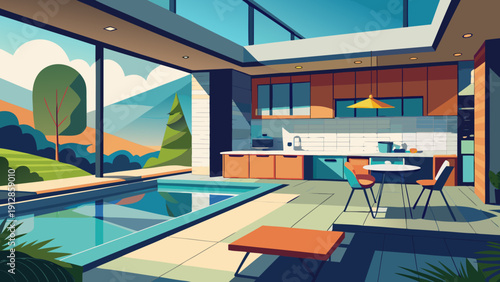 Modern indoor poolside living room with panoramic outdoor views and natural lighting Vector