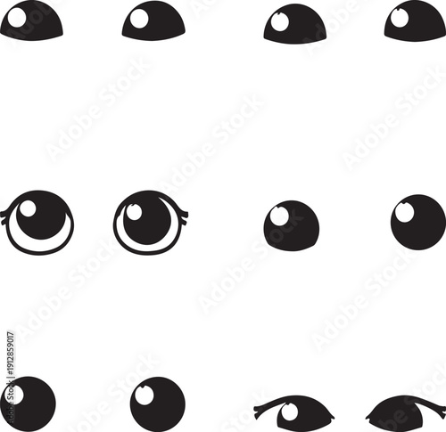 Cartoon eye set vector illustration, animation character eyes isolated on transparent background, simple eye design for various applications including animation and graphic design projects