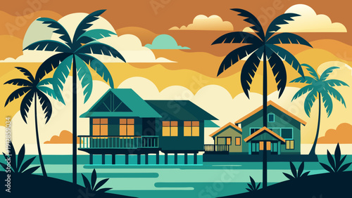 Tropical resort by the calm turquoise waters under a warm sunset sky Vector