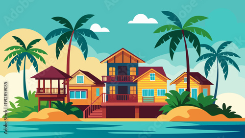 Tropical paradise house surrounded by palm trees on a sunny beachfront Vector