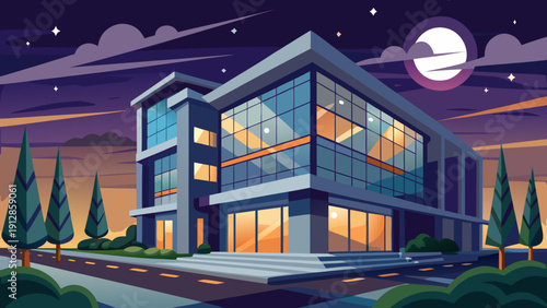 Modern suburban home under the glow of moonlight and city lights at nighttime Vector