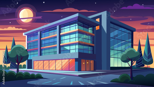 Modern urban building illuminated under a starry night sky with a futuristic vibe Vector