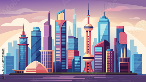 Futuristic skyline with vibrant skyscrapers under colorful clouds Vector