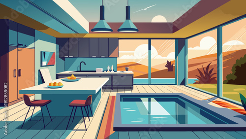 Modern kitchen and dining area with vibrant colors and open space design. Vector