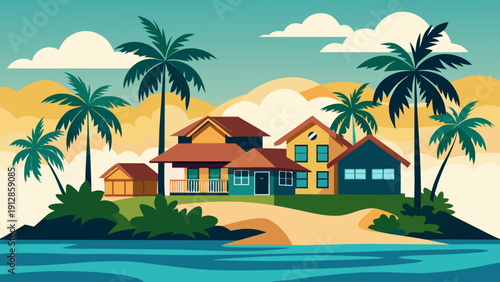Tropical island paradise with vibrant sunset and palm trees along the shore Vector