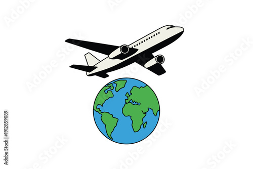 Airplane flies above the rotating planet Earth showing global travel.