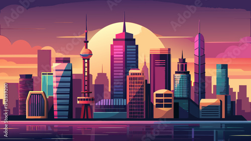 A futuristic city skyline glowing under a vibrant sunset with a giant archway at its center Vector