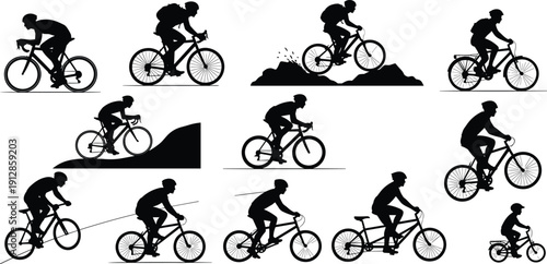 Silhouettes of cyclists on various bike types and terrains, including road, mountain, tandem, and stunt riding vector illustration set