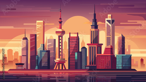 Modern cityscape with futuristic skyline at sunset over waterfront area Vector