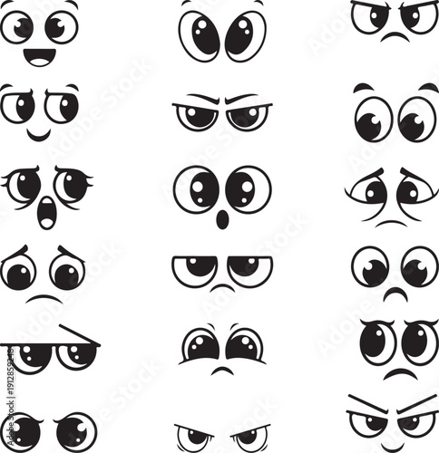 Cartoon eyes set vector illustration displaying various emotions and expressions, including joy, anger, sadness, and surprise, animation character eyes isolated on transparent background for design