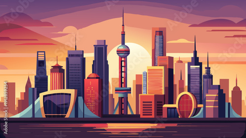 A futuristic cityscape bathed in the warm glow of a setting sun over towering skyscrapers. Vector