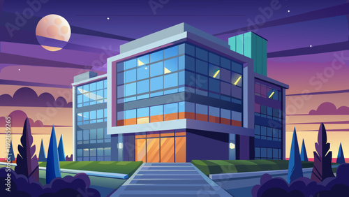 Modern urban building complex under twilight sky with vibrant city lights Vector