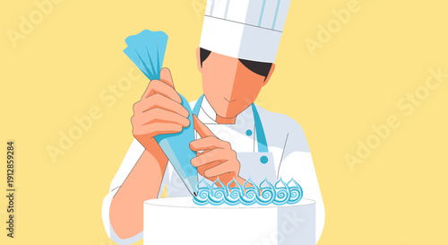 Chef Decorating Cake with Piping Bag, Baking and Pastry Art