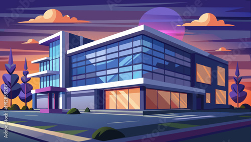 Modern office building under vibrant evening sky with colorful lights and cityscape backdrop Vector
