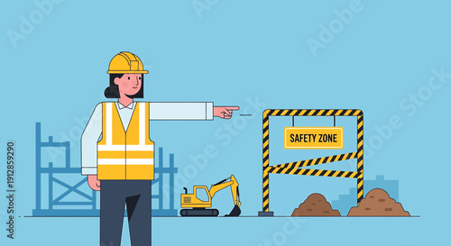 Construction Worker Directing to Safety Zone with Excavator and Scaffolding
