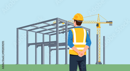 Construction worker overseeing building frame and crane