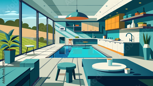 Modern indoor pool area with stylish furnishings and vibrant decor Vector