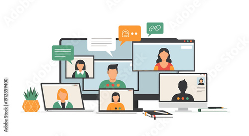 Online meeting concept: diverse people in video conference calls on multiple screens