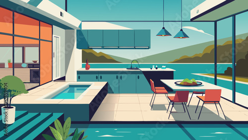 A vibrant café with a spacious interior overlooking a scenic outdoor view Vector